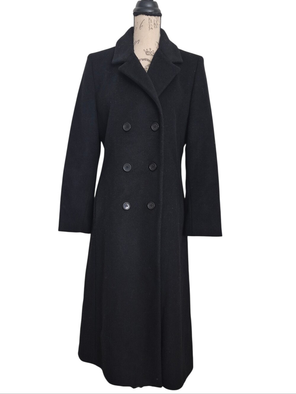 Vintage Liz Claiborne 100% Lambswool Double Breasted Long Black Coat 4P Classic